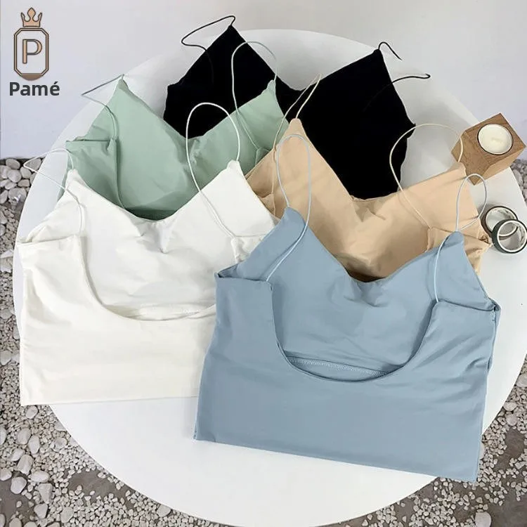 Summer Ice Silk Seamless Short Strap Vest Women's Integrated Fixed Cup Beautiful Back Inner Wear Outer Wear Slimming Base Wra...