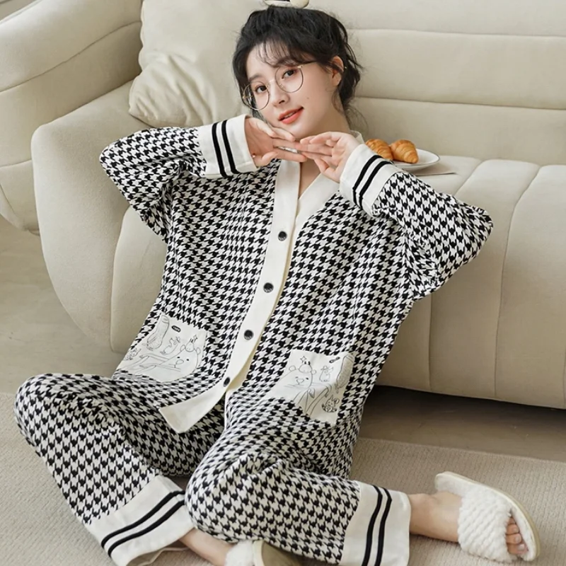 Spring Autumn Polyester Cartoon Print Pajama Sets Women Pyjamas Polka Dots Sleepwear Pijama Mujer Homewear Clothing Nightwear