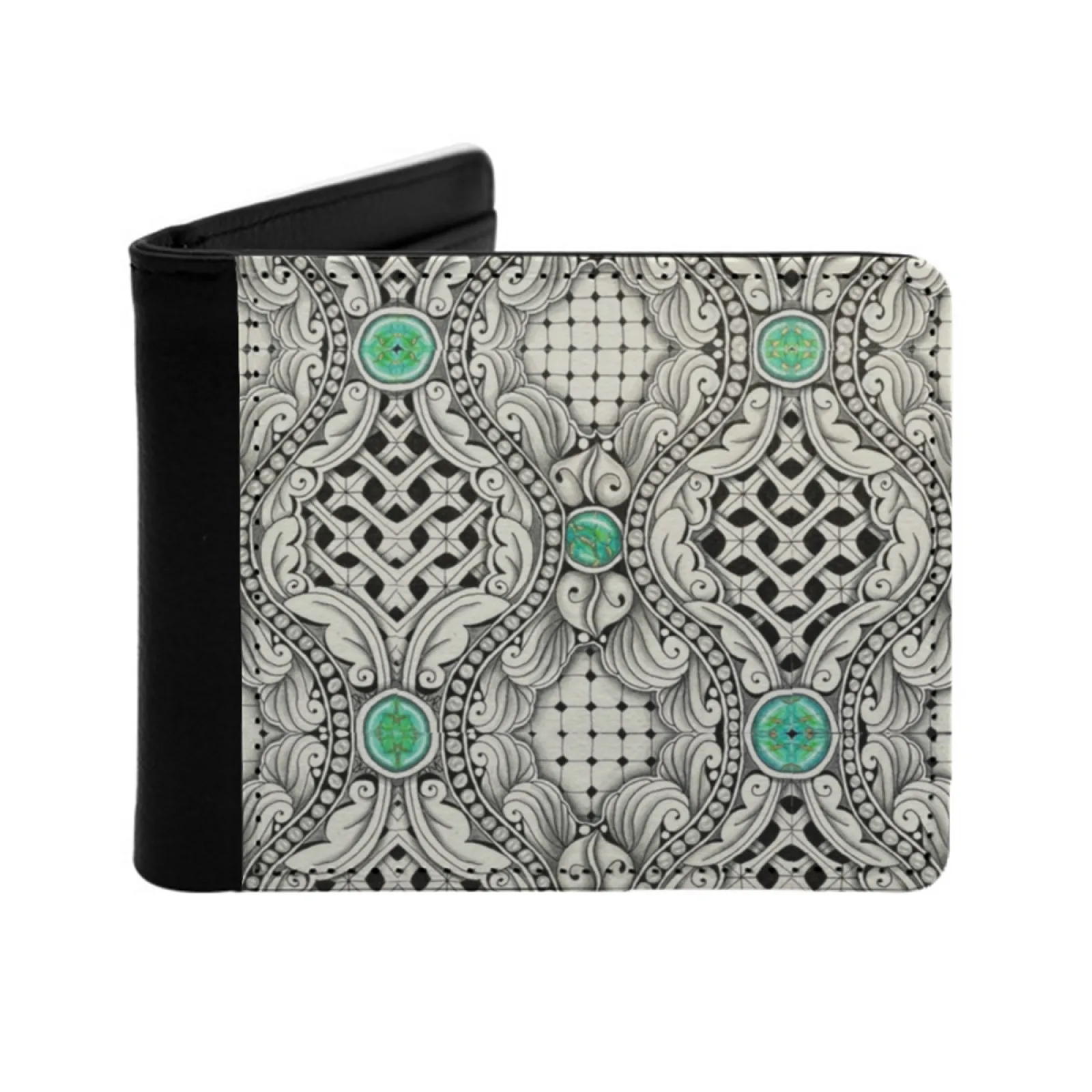 Bejeweled Ogee Pattern Wallets Pu Leather Credit Id Card Holder Purses Cash Wallet Zentangle Green Ogee Grid Black White Jewel