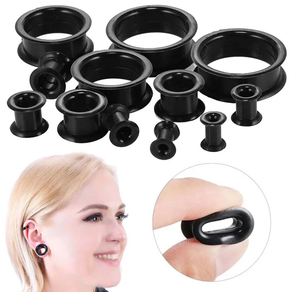 1Pair Supersize Flexible Black Color Silicone Double Flared Ear Tunnel Plugs Flesh Tunnel Ear Gauge Expander Stretchers Piercing