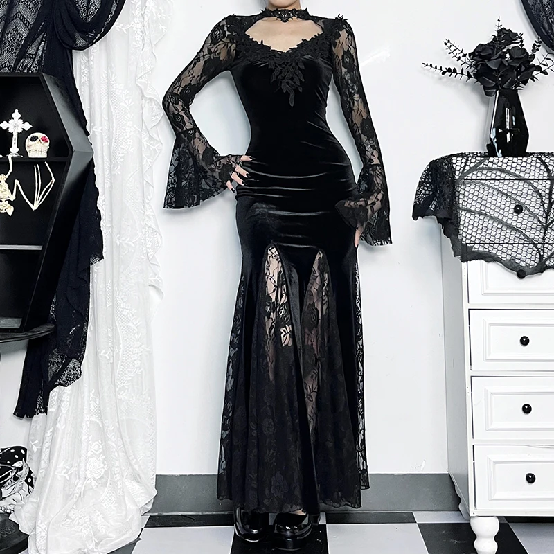 Gothic Dark Wind  Autumn new style sexy micro slim dress dark lace fishtail long sleeve dress female JY23704AH