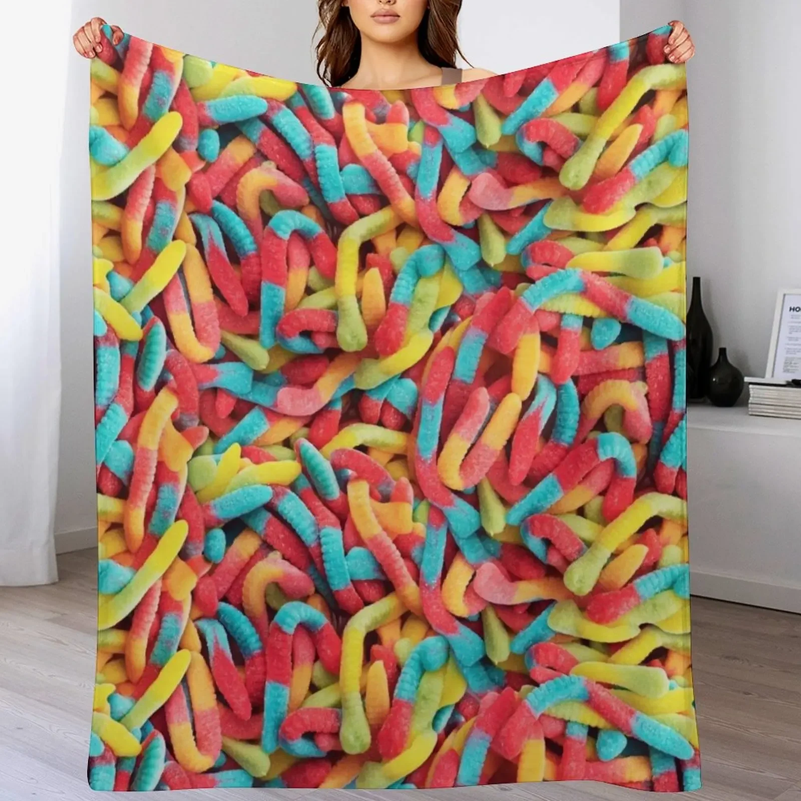 

Neon Sour Gummy Worm Pattern Throw Blanket Versatile Cozy Throw Blanket for All Occasions