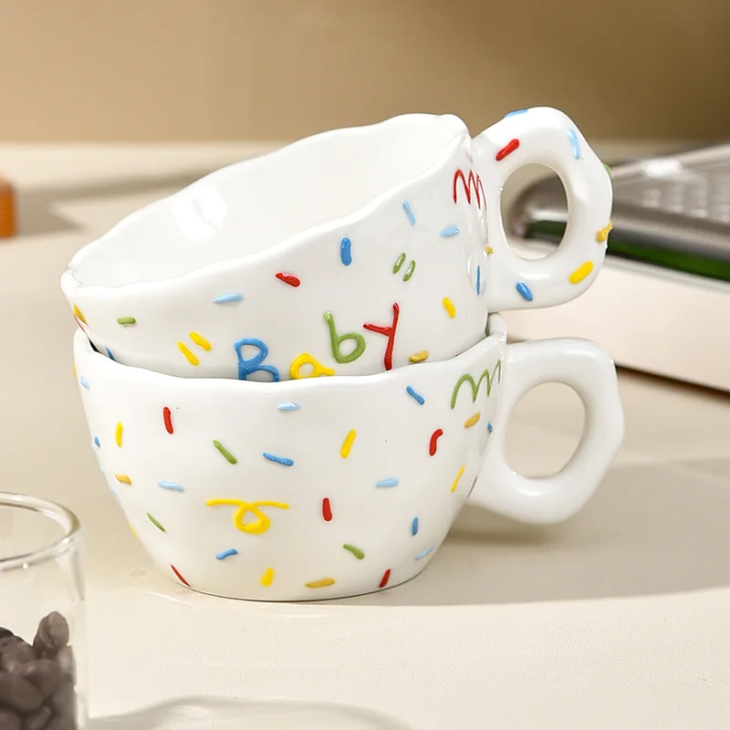 Cute 3D Embossed Ceramic Coffee Mug 216ml Creative Sprinkle Pattern Water Cup for Women Home Office Drinkware Birthday Gift