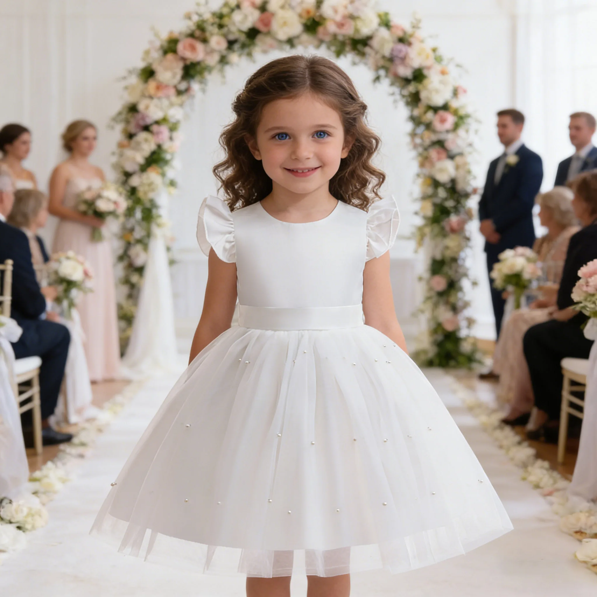 4–8 Jahre Blumenmädchen-Rüschen, weißes Kleid, Vintage-Stil, Hochzeit, Brautjungfer, Geburtstag, Party, Kleider für Mädchen, Kinder, formelles Festzugskleid