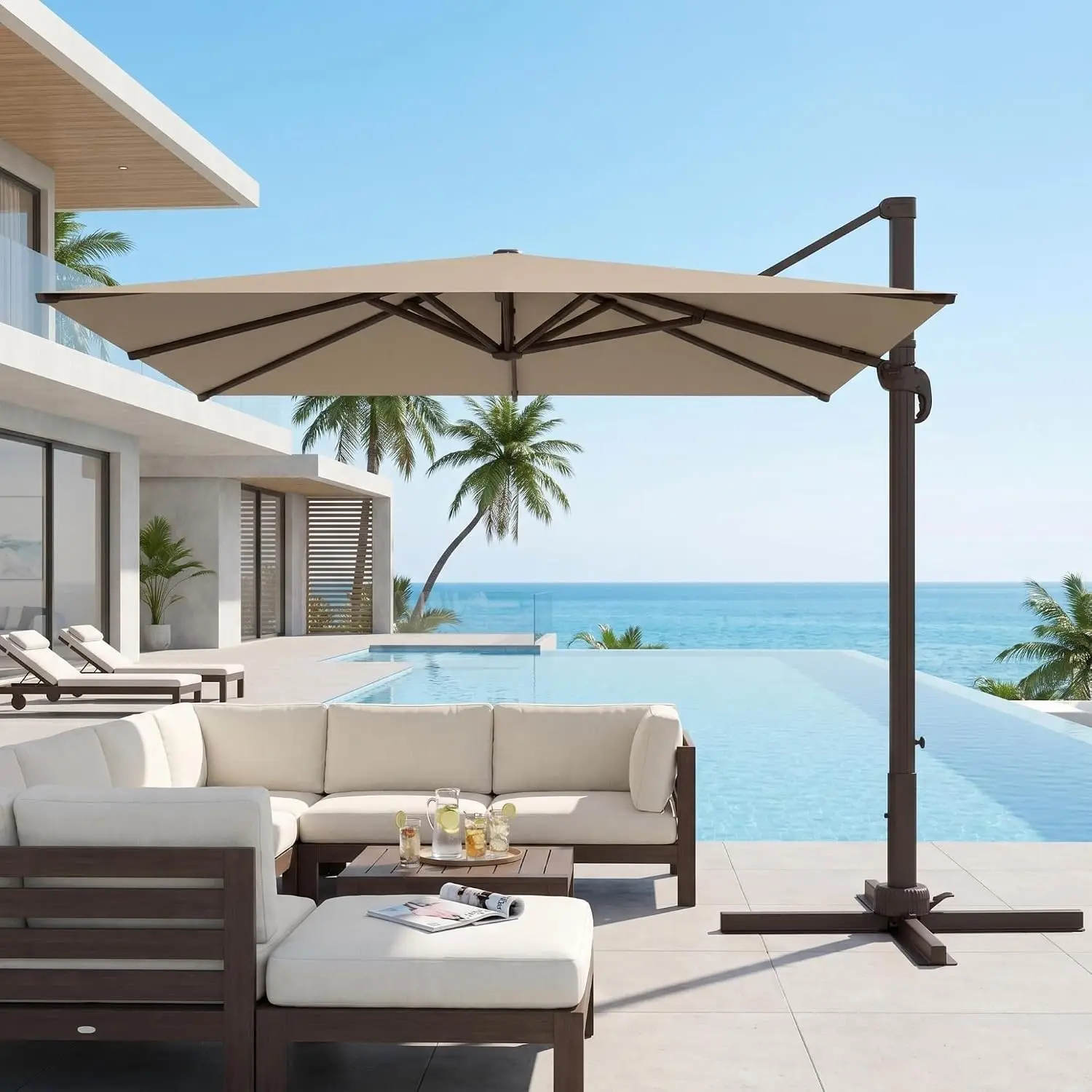 Rectangular Offset Patio Umbrella 9x9ft Aluminum 360° Rotation 4-Tilt UV Protection Pool Deck Garden, Customized