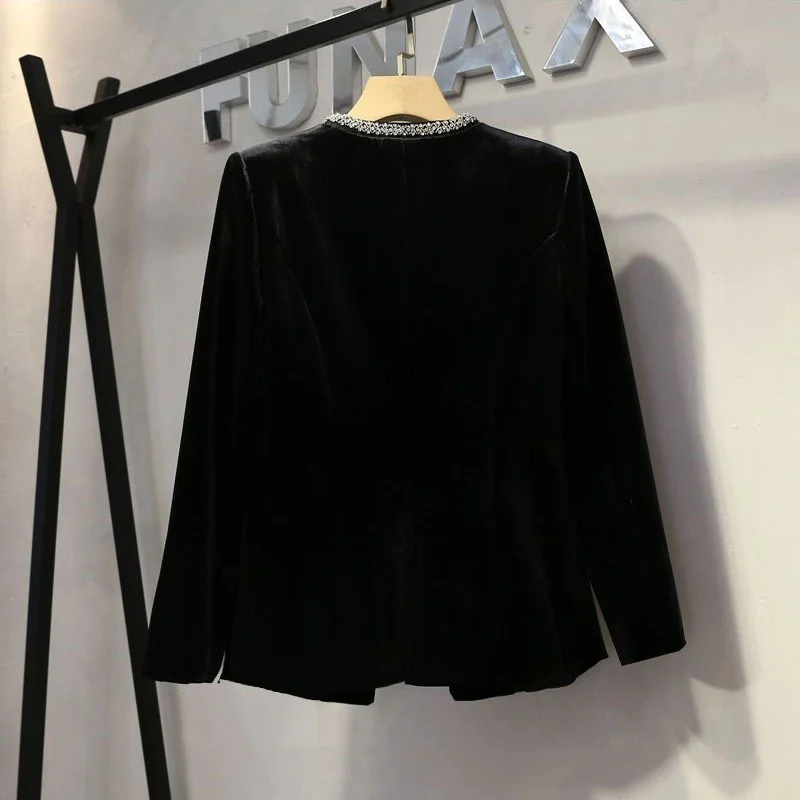 Gold velvet beaded Women Blazer 2024 New Korean Fashion Autumn Long Sleeve Office Work Blazers Lady Jackets Coat Female Tops
