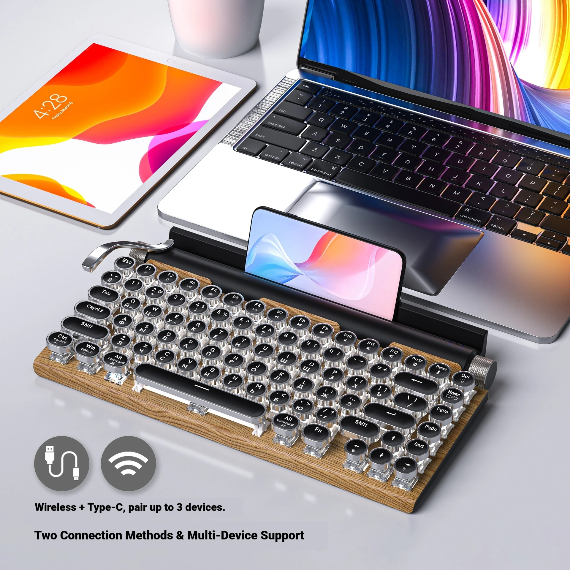 Retro Mechanical Keyboard RGB Punk Blue Switch Bluetooth Dual-Mode Customizable Hot-Swappable Custom Office  Paragraph Switch