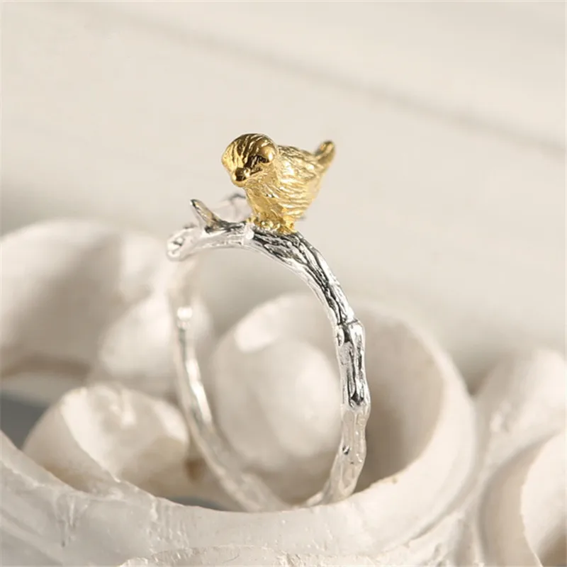 New Arrival Pure 925 Sterling Silver Tree Branch Golden Birds Open Rings For Women Female Anti-Allergy XR050