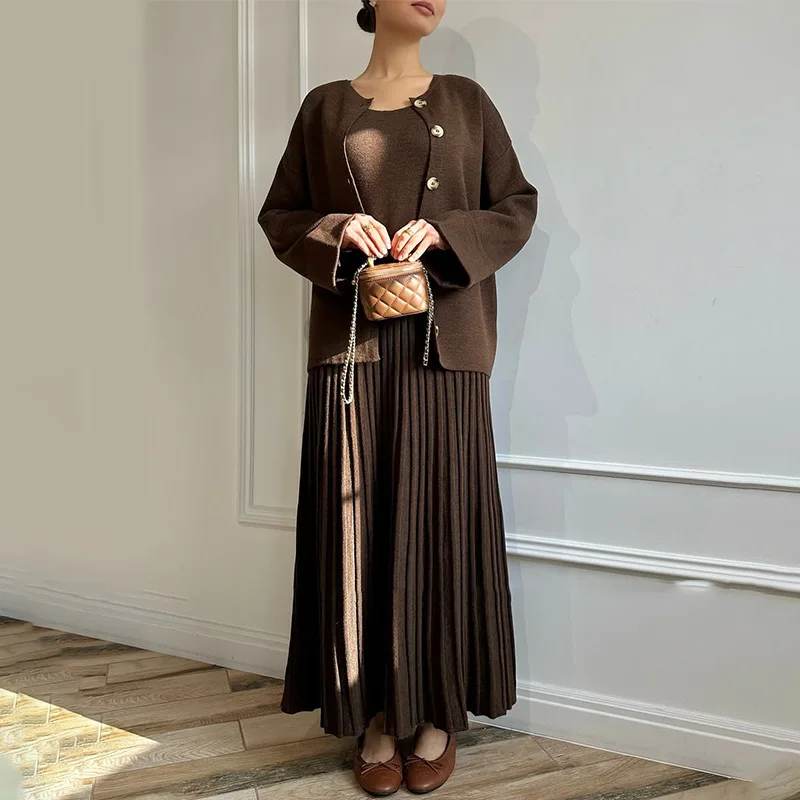 Muslim Skirt 2025 Spring New European American Cardigan Long Sleeve Fashion Casual Comfortable Long Skirt 3 Piece Set Long Dress