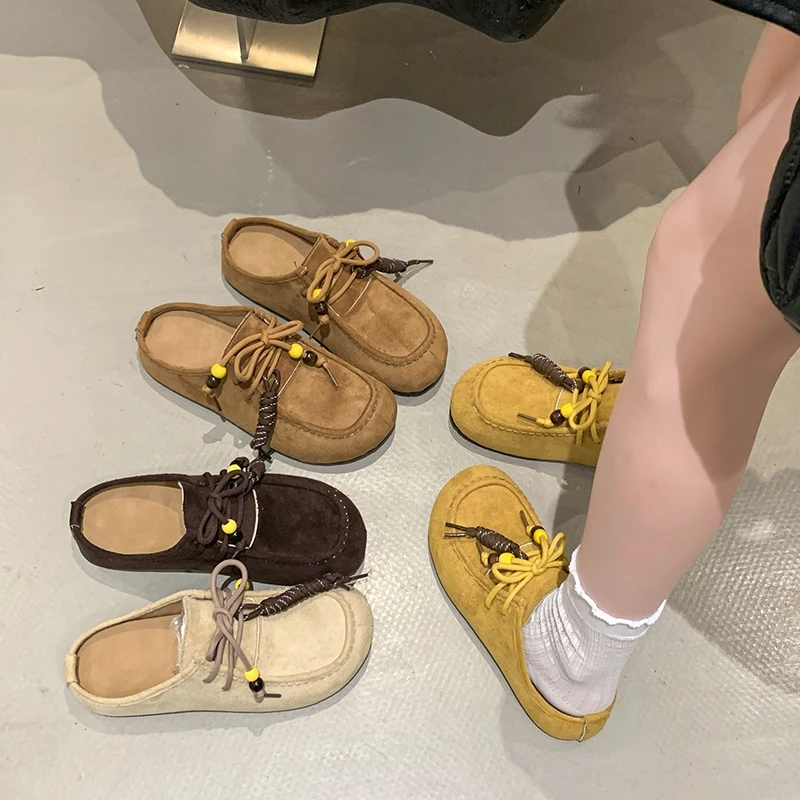 Retro Thick Bottom Korki Women's Slippers Half Slippers Outdoor Wear round Toe Rubber Outsole Easy to Wear Spring Autumn