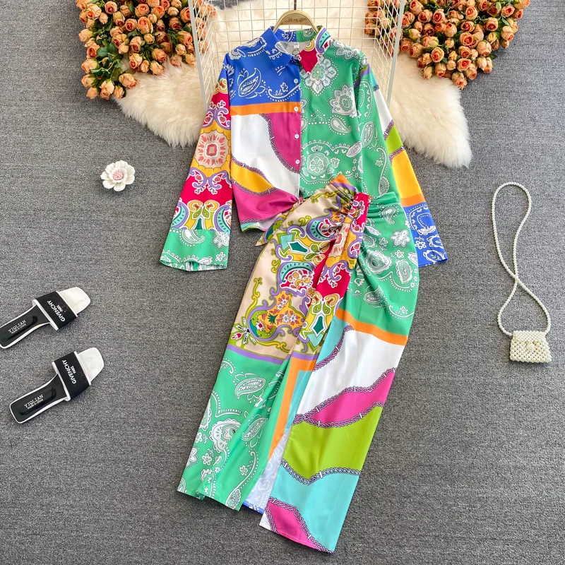 

New Spring Women Sets Fashion Long Sleeve Loose Vintage Paisley Blouse Top Two Piece Suits Midi High Waist Wrapped Hip skirt