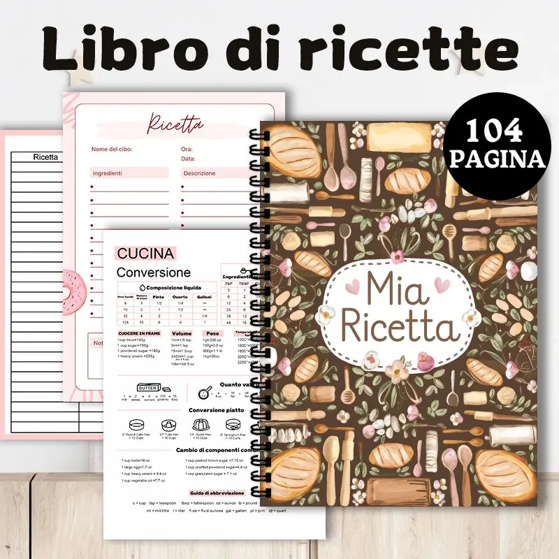 كتاب الوصفات الإيطالية، دفتر وصفات 104 صفحة، يتميز التوضيح المرسوم يدويًا، دليل تخطيط الطهي لعشاق الطبخ