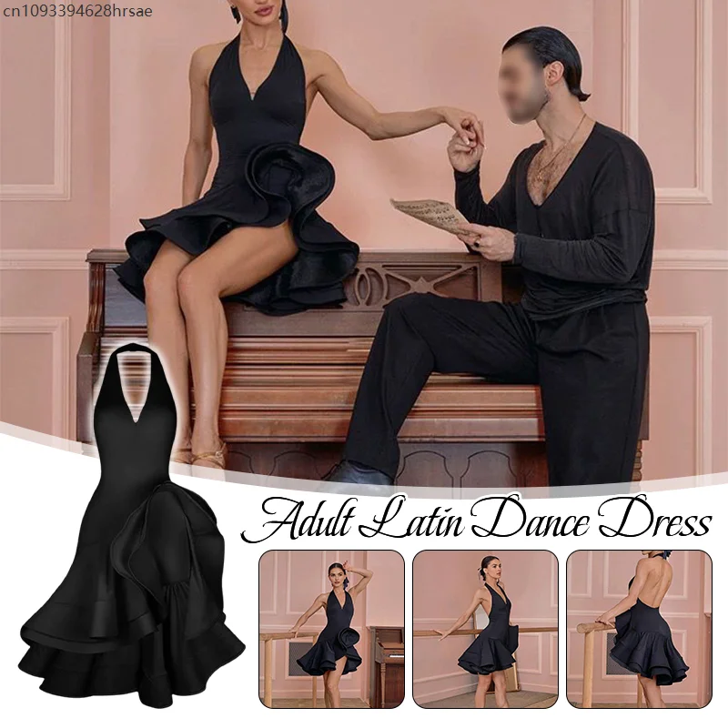 

Women Elegant Latin Dance Dress Black Backless Sleeveless Samba Rumba Cha-cha Ballroom Dancewear Stage Performance Costume