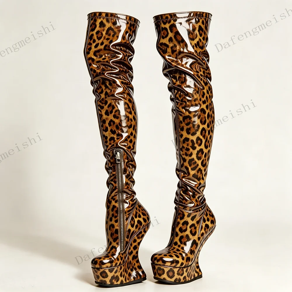 Damenstiefel mit Leopardenmuster, aus Lackleder, kniehoch, mit seitlichem Reißverschluss, Plateausohle, Keilabsatz, runder Spitze, Overknee-Stiefel, für Partys, modisch.