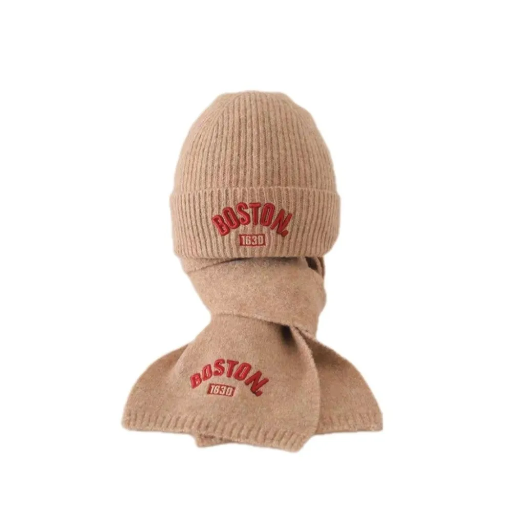 BOSTON Embroidery Scarf Hat Set Windproof Coldproof Neck Warmer Warm Pullover Cap Autumn and Winter