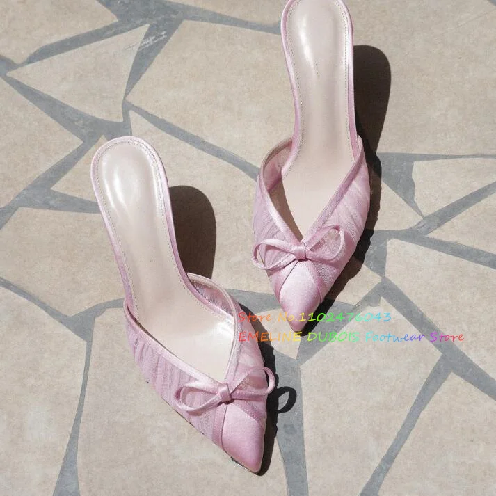 

Pink Pointy Lace Butterfly-Knot High Heel Mules Girl Sexy Elegent Stiletto Heel Slip On Sweet Summer Solid Color Slippers