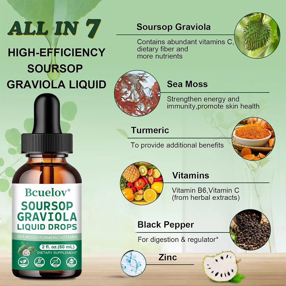 

Soursop Graviola Liquid Drop with Sea Moss for Cell Support & Regeneration, Immunity, Gut Health & Antioxidant, NON-GMO, 60ml