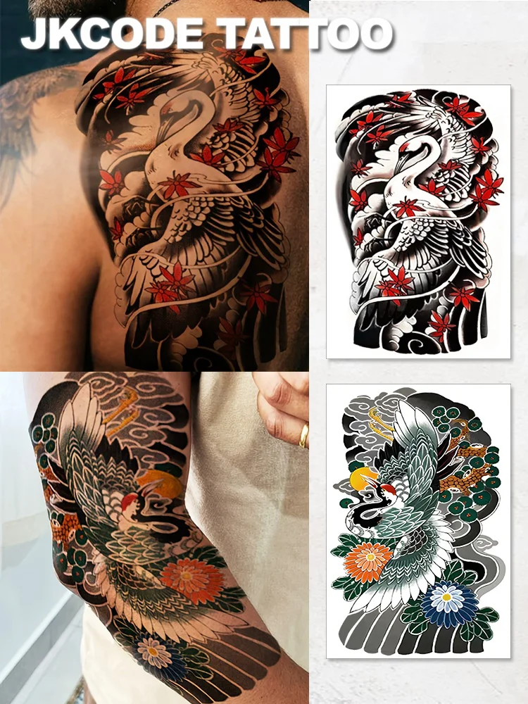 2-Piece Set Oriental Crane Arm Tattoo - Black, Red, Green Ink Painting Red-Crowned Crane Totem Arm Band Tattoo Sticker - Dual-Use Men's Mythological Pattern Temporary Tattoo for Hand and Back - Lasts 3-5 Days
