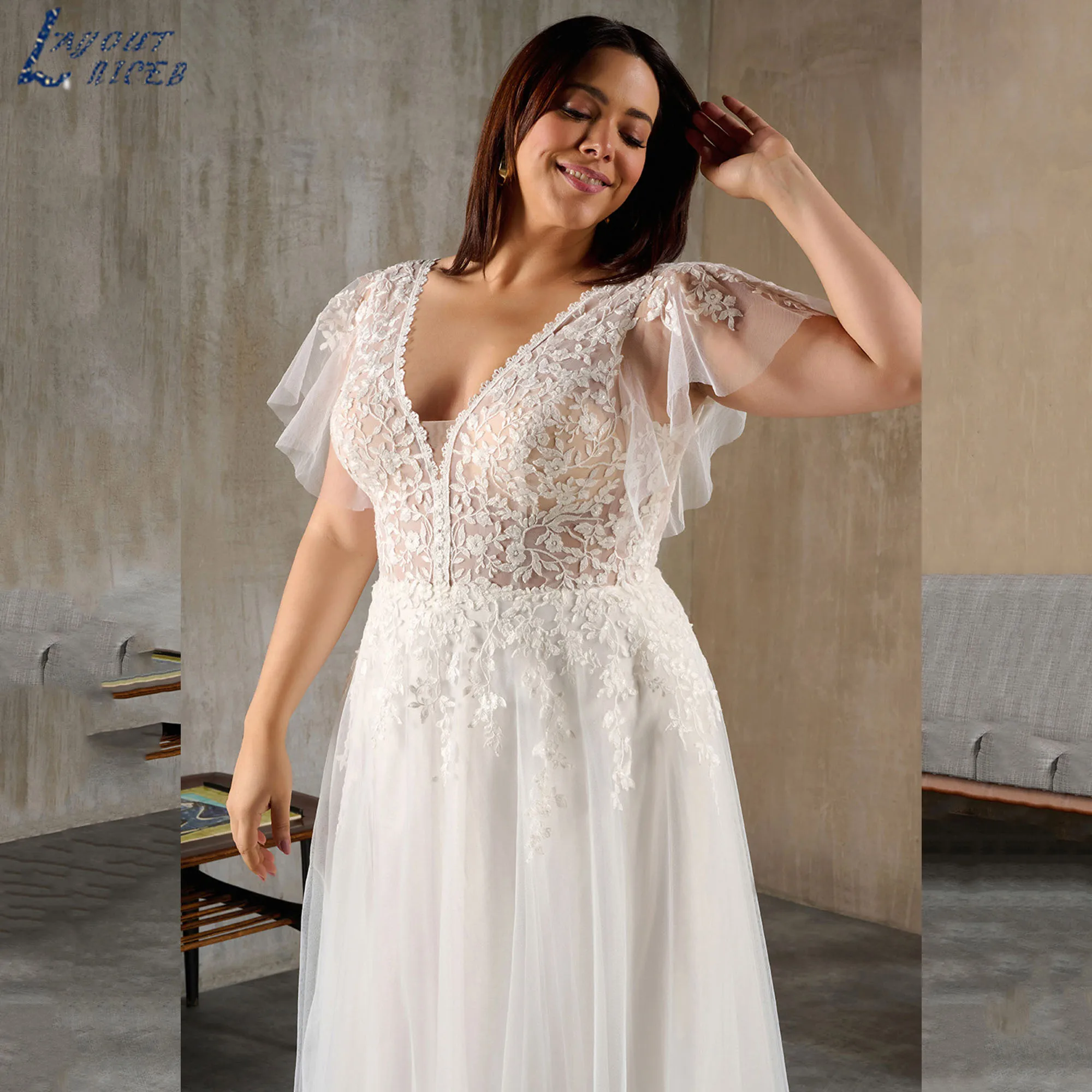 Plus Size Wedding Dresses V-neck A-line Batwing Sleeves Tulle Bridal Gowns Vintage Lace Appliques vestidos de novia Customized