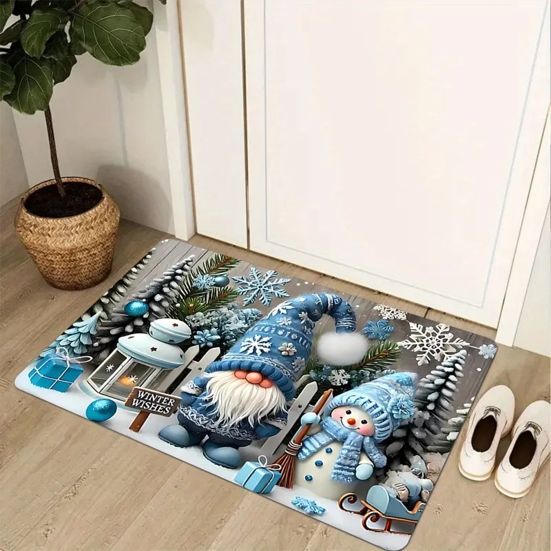 Blue Winter Gnome Snowman Flannel Doormat Winter Wishes Snowflake Pine Tree Gift Box Anti‑Slip Home Entrance Holiday Decor Rug