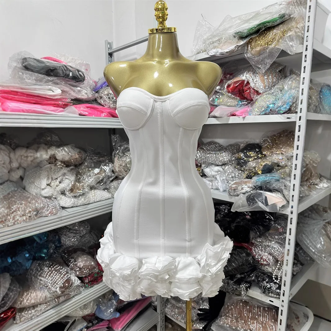 

White Strapless Fishbone Bodycon Lace-up Bandage Dresses for Women Luxury 2025 Summer Elegant Celebrity Club Party Wear Dress