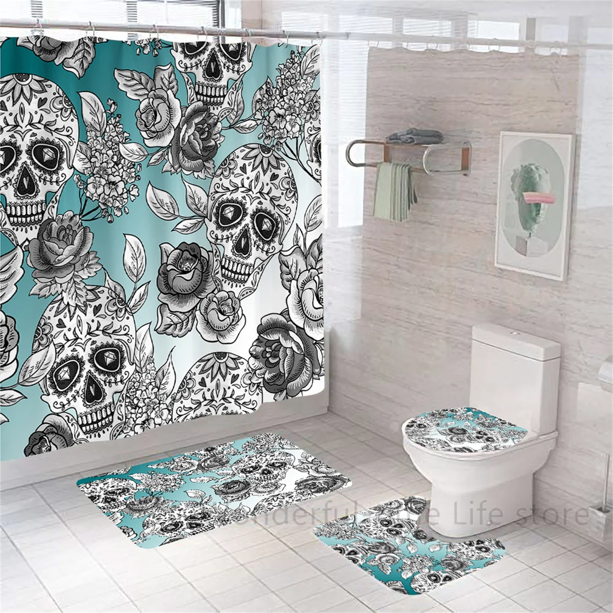 Black Skull Skeleton Print Shower Curtain Set 3D Funny Waterproof Horrible Halloween Festival Bathroom Decor Carpet Toilet Cover