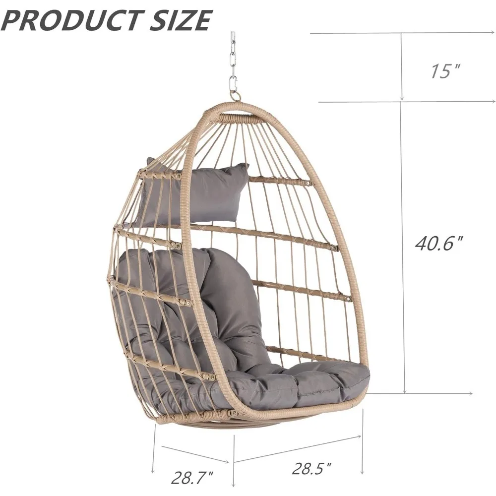 Egg Swing Chair Without Stand, Patio Rattan Wicker Hanging Chairs with Cushion and Pillow, Foldable Basket Chairs, Hammock Chair