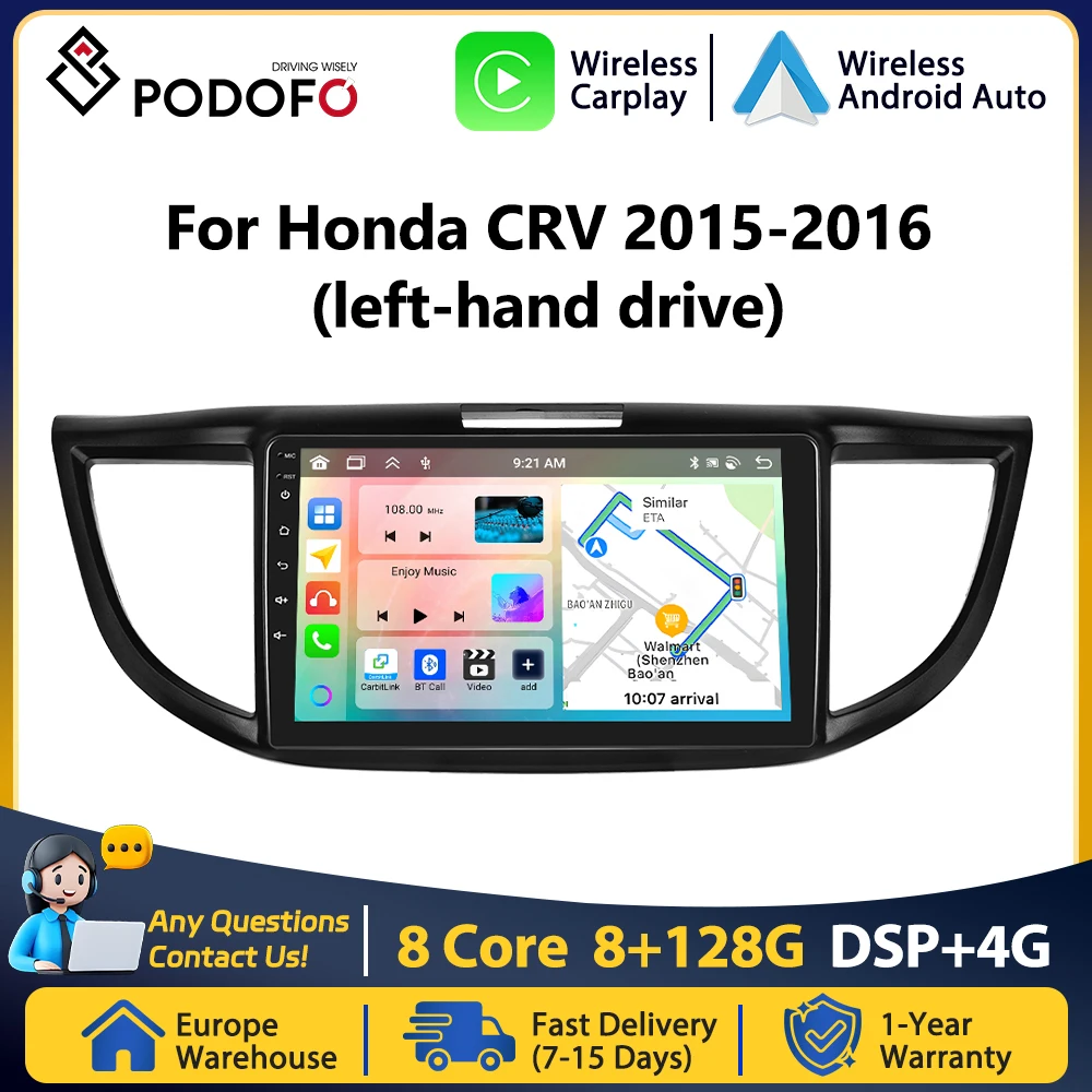 Podofo Autoradio für Honda CRV CR-V 2015–2016, kabelloses CarPlay, Android Auto, 2 DIN, Auto, Android, Auto, Multimedia, GPS-Navigation