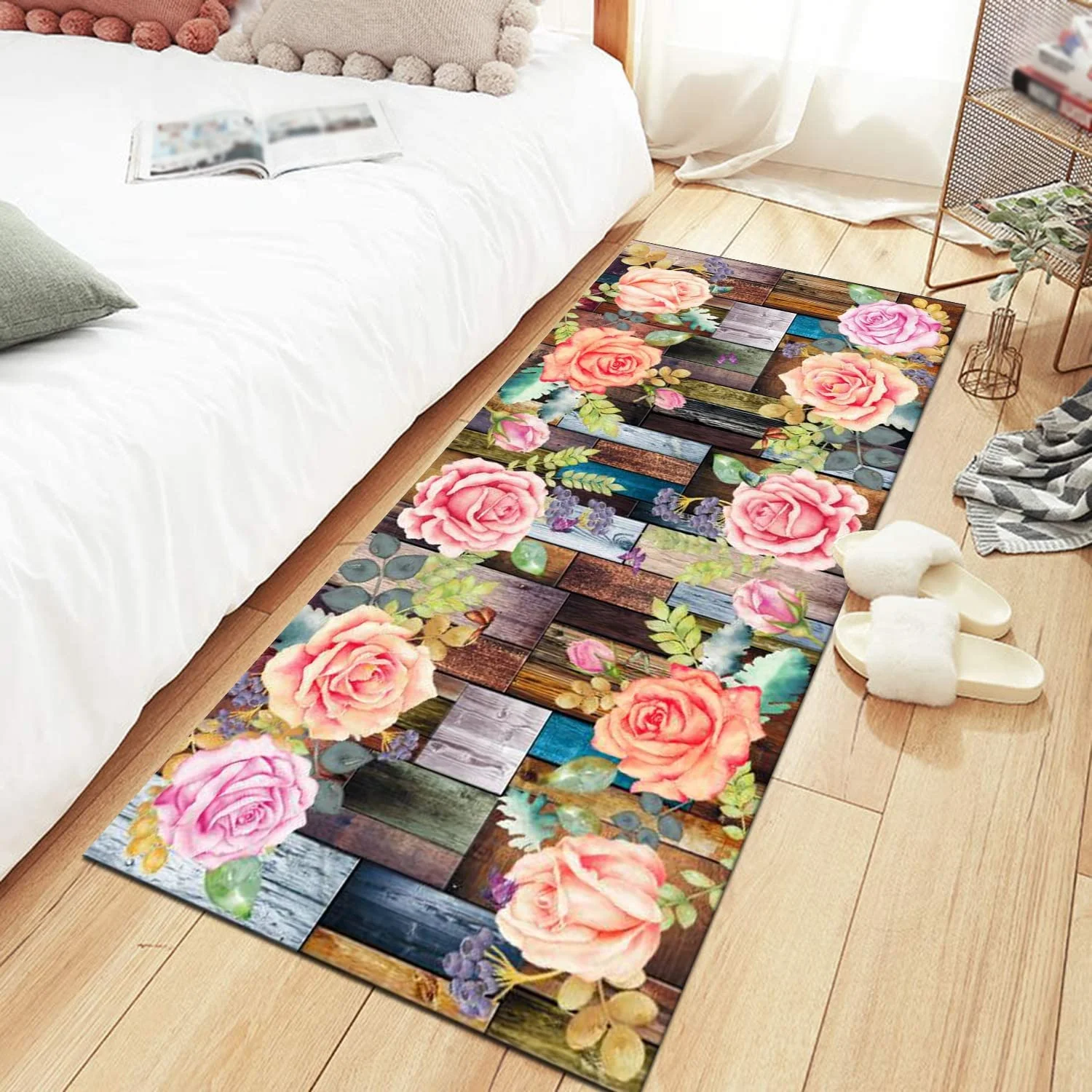 Wooden Fence Pink Rose Runner Rug Entrance Mat Floor Mat Door Mat for Home Decoration