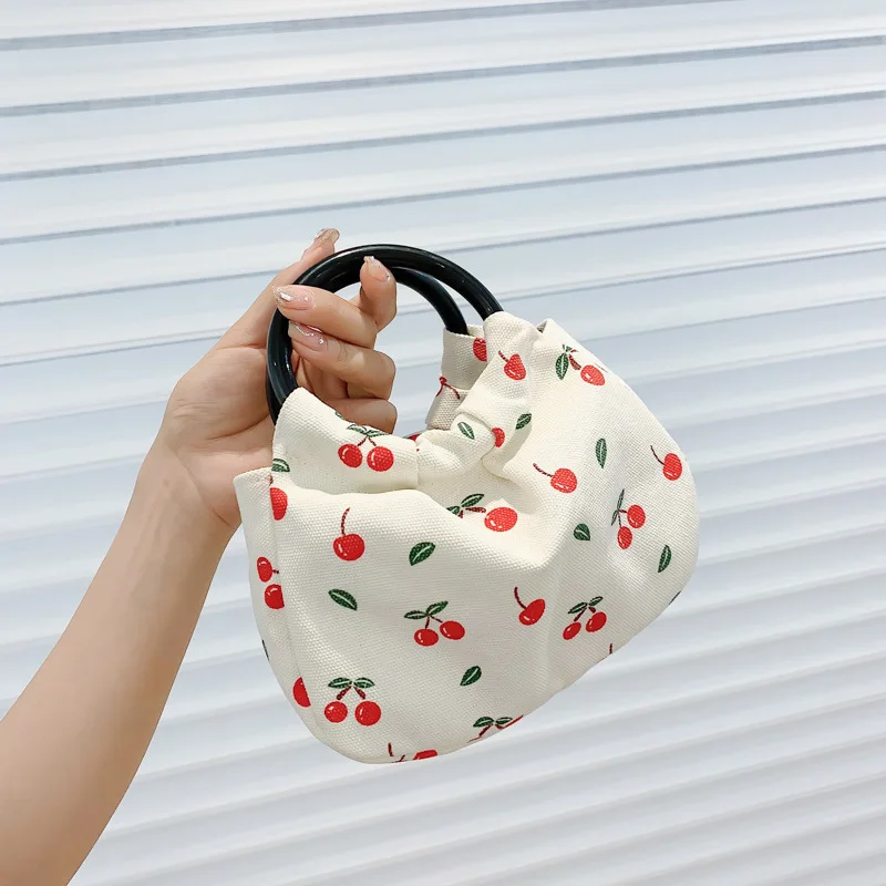 Aprxu Ladies New Cherry Print Canvas Bag for Summer Cross-body Bag Simple One-shoulder Bucket Bag