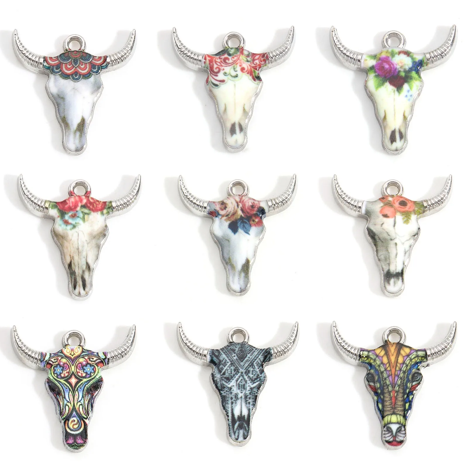 8Seasons Zinc Alloy Charms Cow Animal Charms Gold Color Multicolor Enamel Pendants Bohemian DIY Necklace Jewelry 22mmx21mm,10PCs