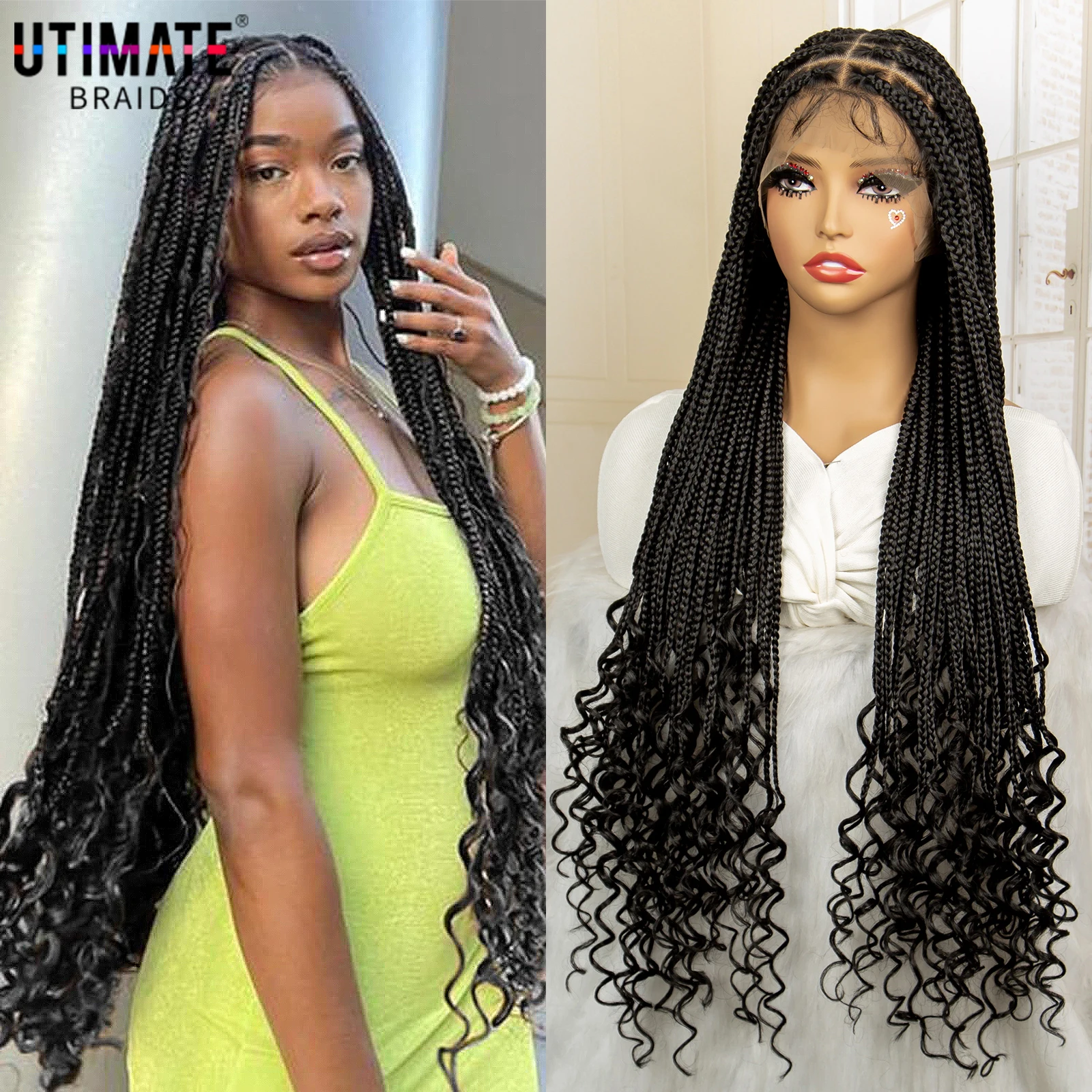 Peluca trenzada de encaje completo sintético sin nudos con extremos rizados, pelucas trenzadas con cabello de bebé para mujeres negras, trenzas hechas a mano