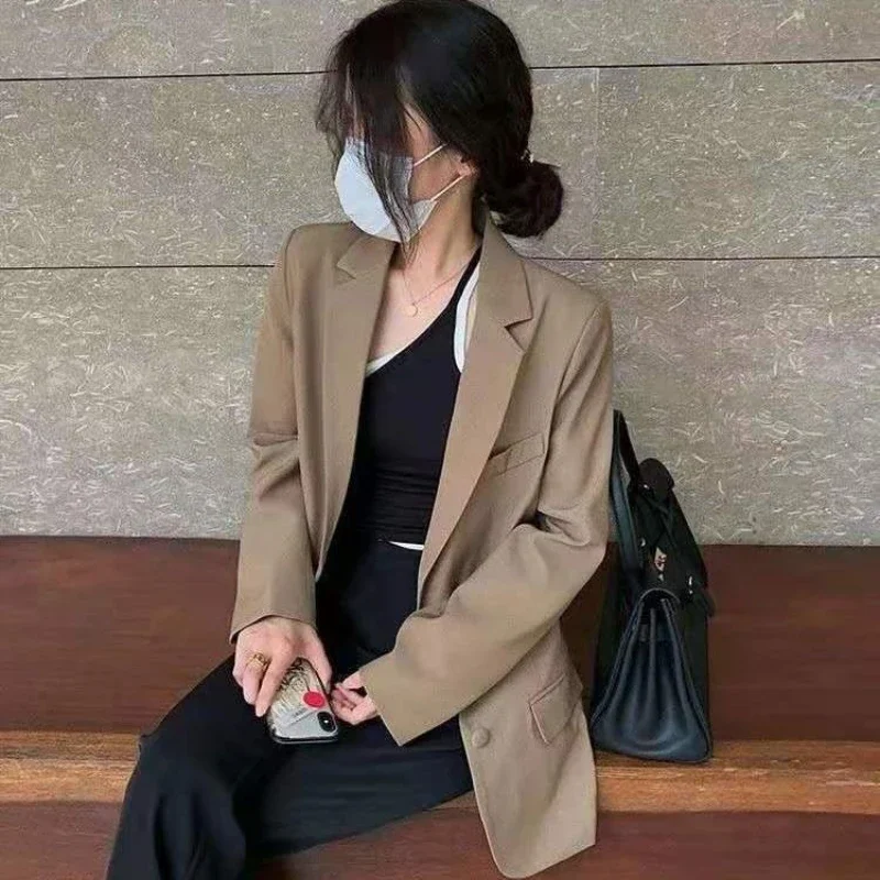 

Women's 2025 Spring Autumn New Korean Style Loose Fit Slimming Mid Length Solid Basic Blazer Versatile for Student Work Casual