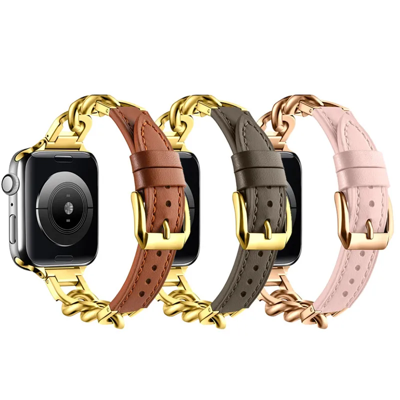 

Ремешок металлический женский для Apple Watch Band Ultra, тонкий кожаный браслет для Iwatch series 8 7 6 SE 5 3, 49 мм 45 мм 41 мм 44 40 мм