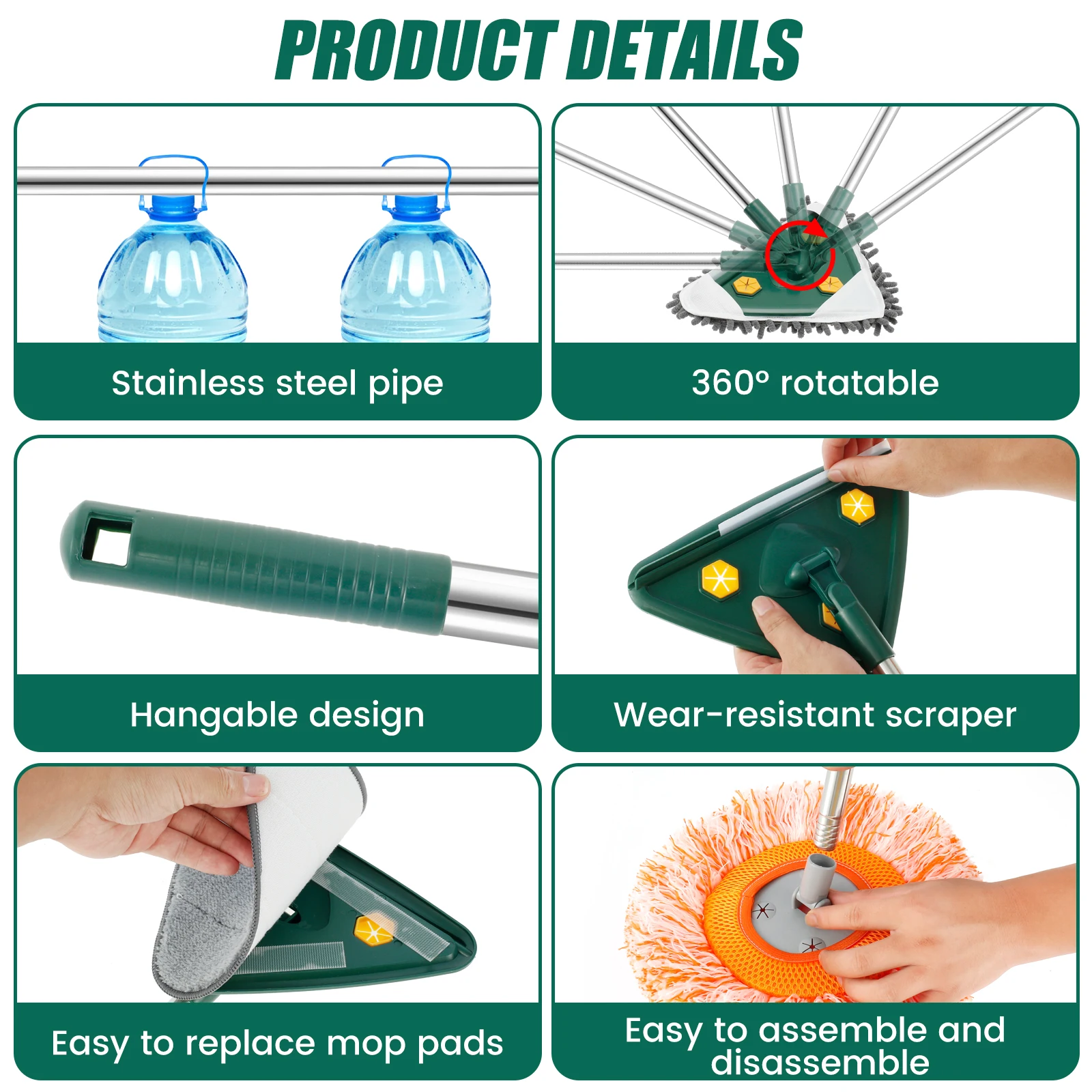 Mop detergente per pareti con manico lungo strumento per la pulizia delle pareti girevole con 9 cuscinetti per mocio sostituibili detergente per pareti staccabile con tergipavimento