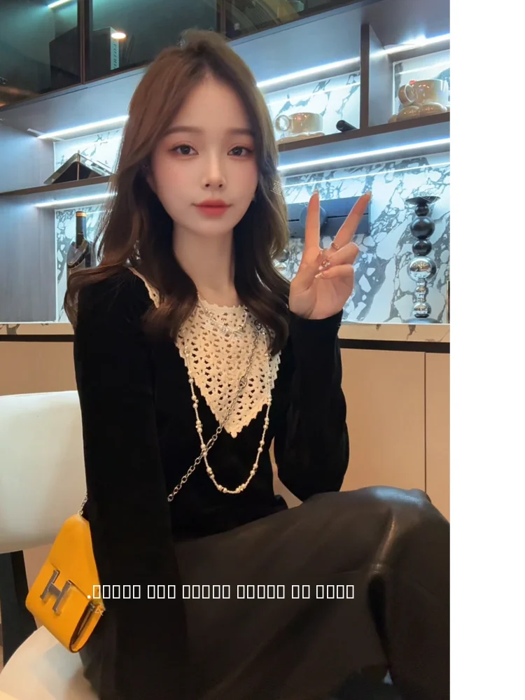 

Xuanxuanchen Velvet Long Sve T-irt Thin Unique Beautiful Women's Faion Autumn Sle Little irt Nighttime Enigma