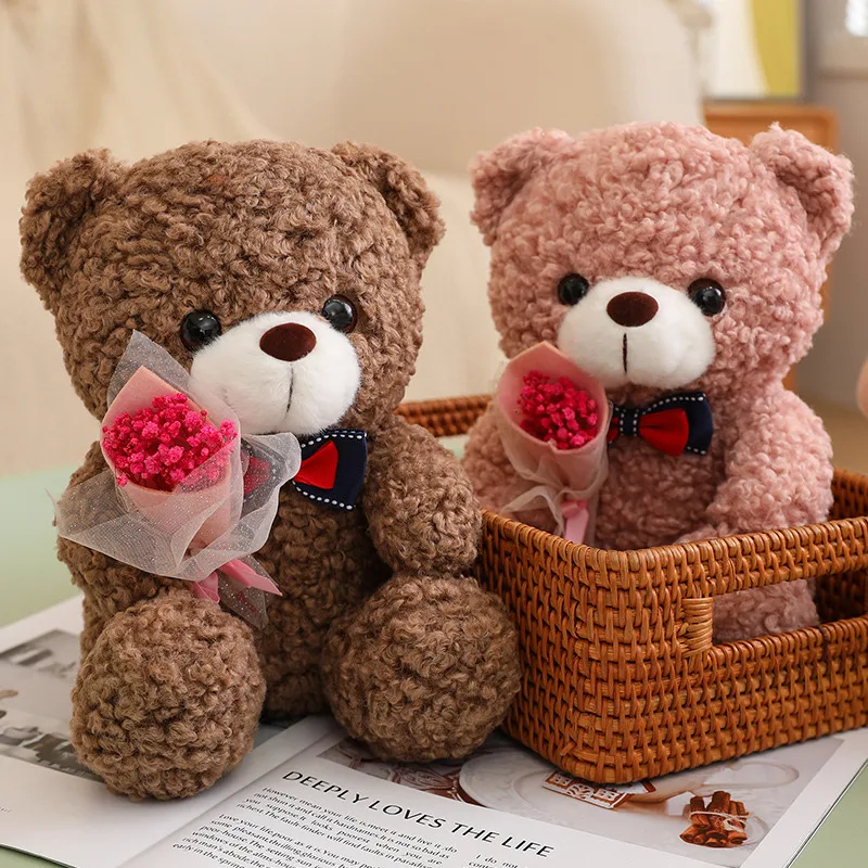 

25cm Colorful Teddy Bear Holding Rose Flower Plush Toy Kawaii Stuffed Animals Bears Plushies Doll Anime Soft Toys for Girlfriend