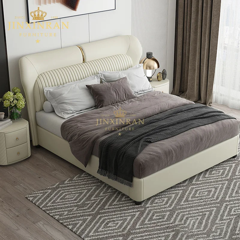 Ivory Leather Upholstered Bed King Size Center Channel Tufted Wing Headboard Platform Bed Bedroom Furniture