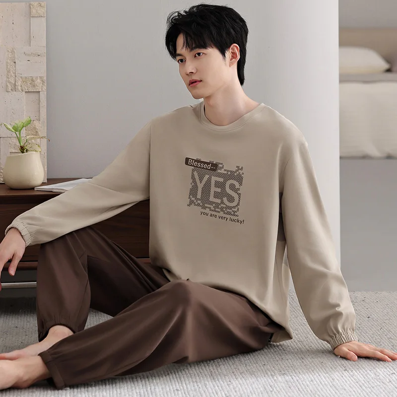 Big Size M-4XL Men Pajamas Set Knited Cotton Sleepwear Male Autumn Long Sleeve Pyjamas