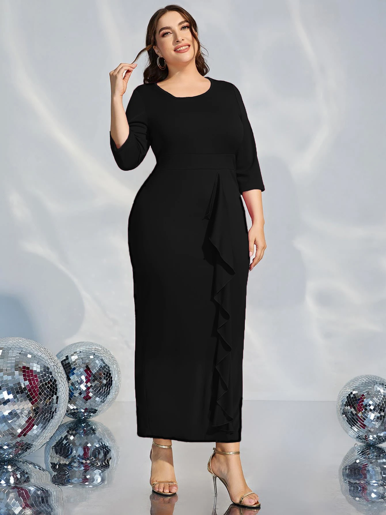 Add Elegant Plus Size Plus Ruffle Trim Split  Dress