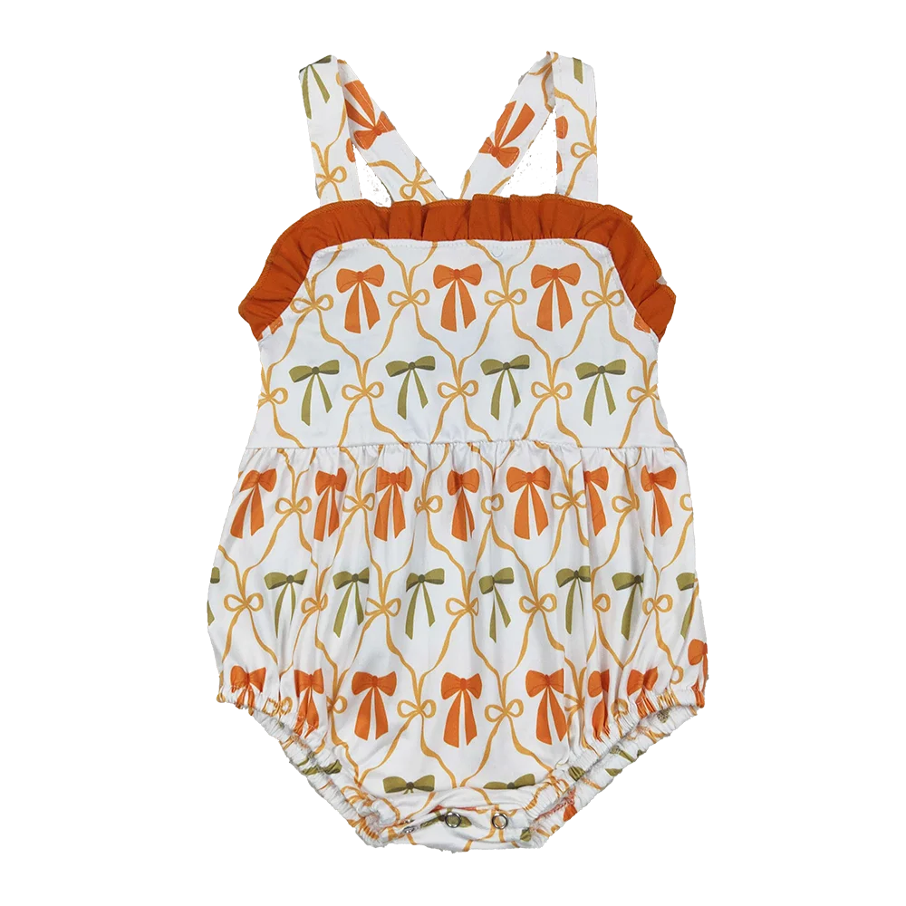 

Baby Girls Summer Strap Orange Bows Plaid Ruffle Rompers