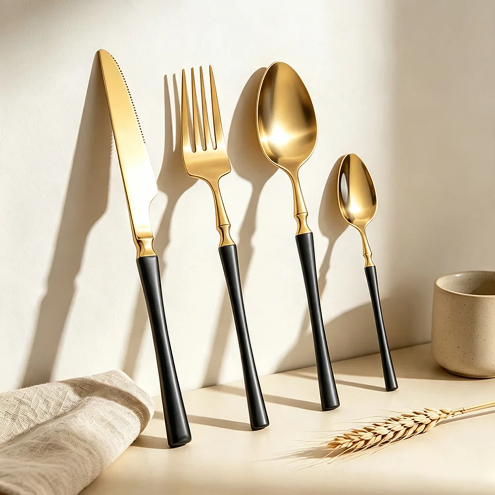 4Pcs Dinnerware Set Black Gold Dinner Cutlery Set Stainless Steel Flatware Fork Kitchen Knife Fork Spoon Tableware Set