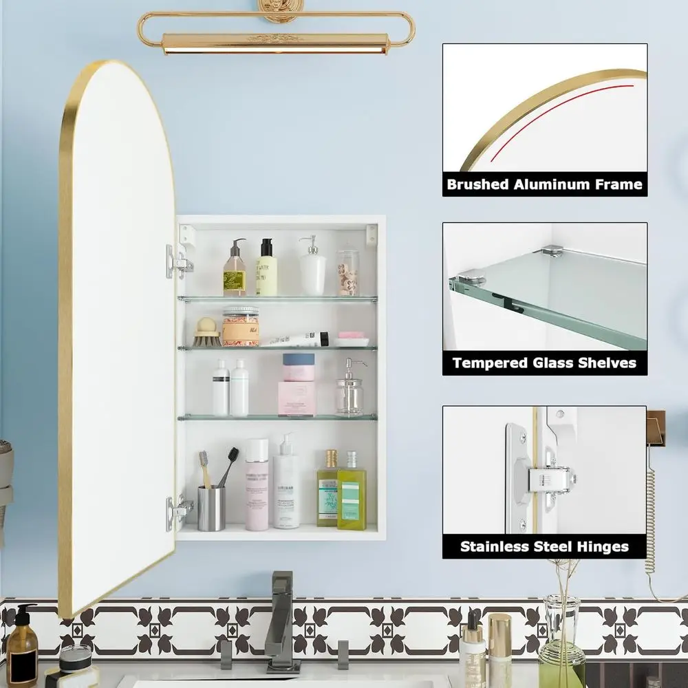 Luxurious Arched Gold Bathroom Medicine Cabinet with Mirror, Ideal or DIYer, Bathroom Mirror with Storage, Mirror Medicine Cabin view 5