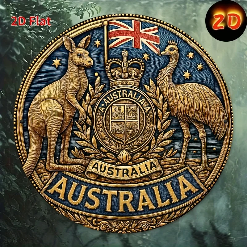 2D Flat, Vintage Style Round Iron Wall Art - Australian Flag & Kangaroo Design, 7.87x7.87 Inch (20x20cm) Decorative Sign for Man