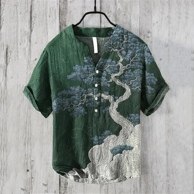 Men's Linen Blended Short Sleeve Top Fashion Loose Shirt Comfortable Breathable V-Neck Men's Clothing