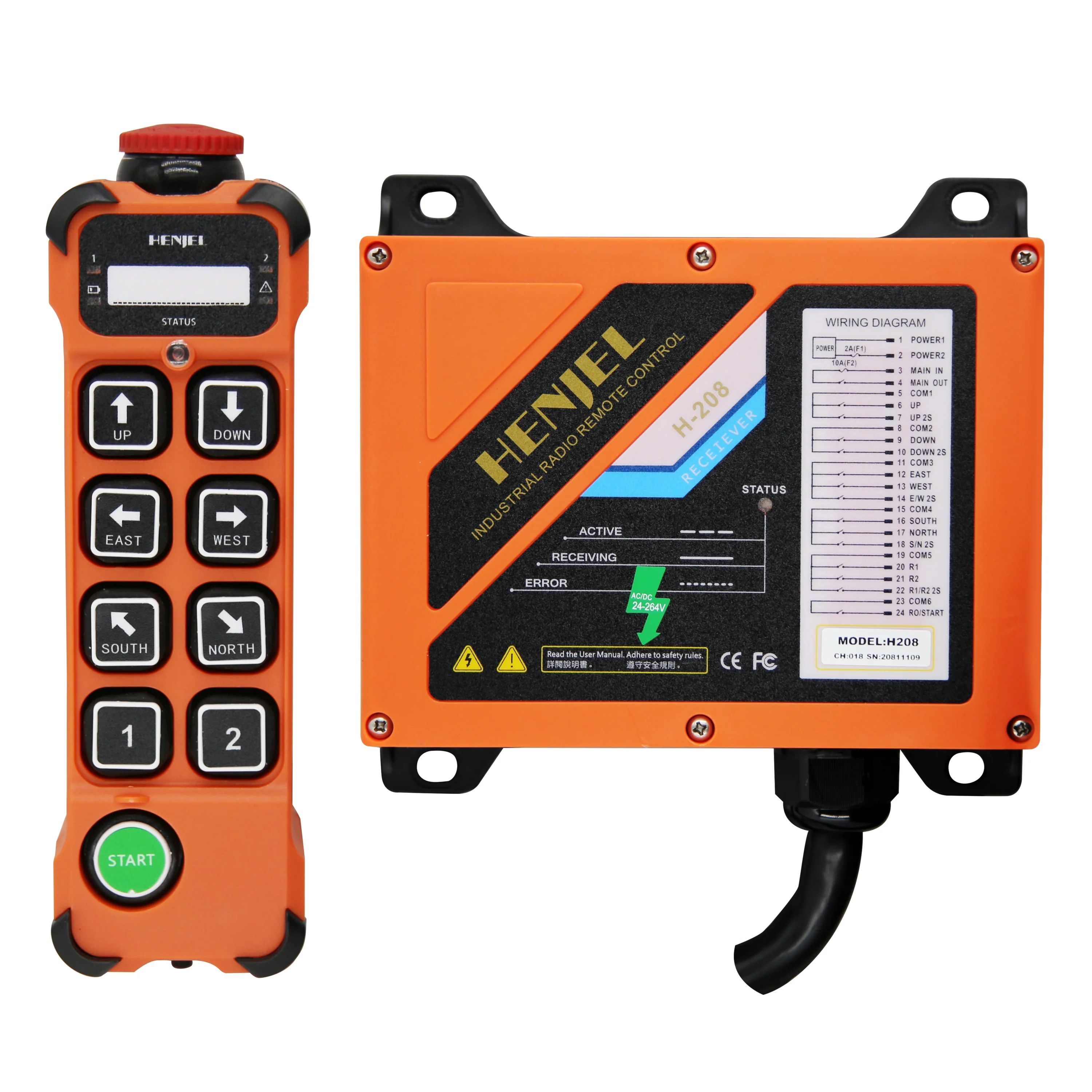 Wireless remote control H208 8-key dual-speed industrial emergency switch forklift controller AC/DC110-460V24-264V