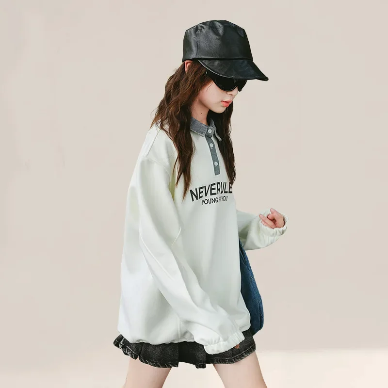 Girls' POLO collar hoodie autumn  2024 new style girls' western-style Korean version casual top hoodie worn outside