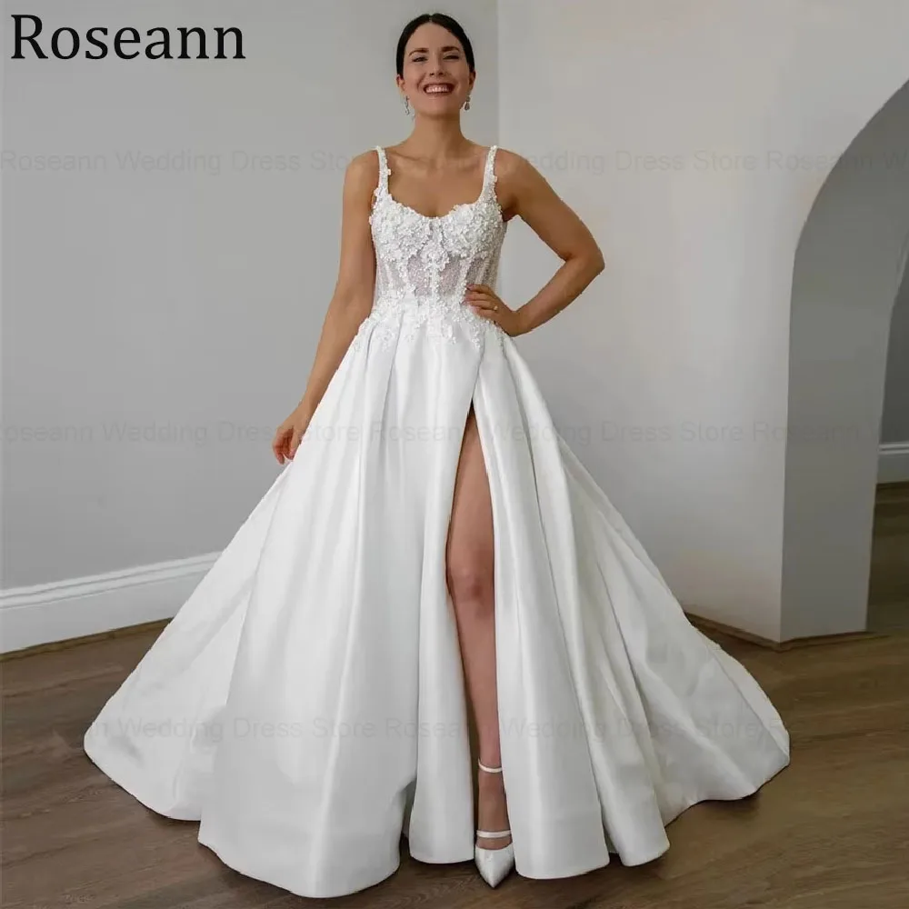 

Customized Trendy Satin Wedding Dresses For Woman 2026 Long Bridal Gowns Sequins Sleeveless Front Slit Appliques Robe De Mariée