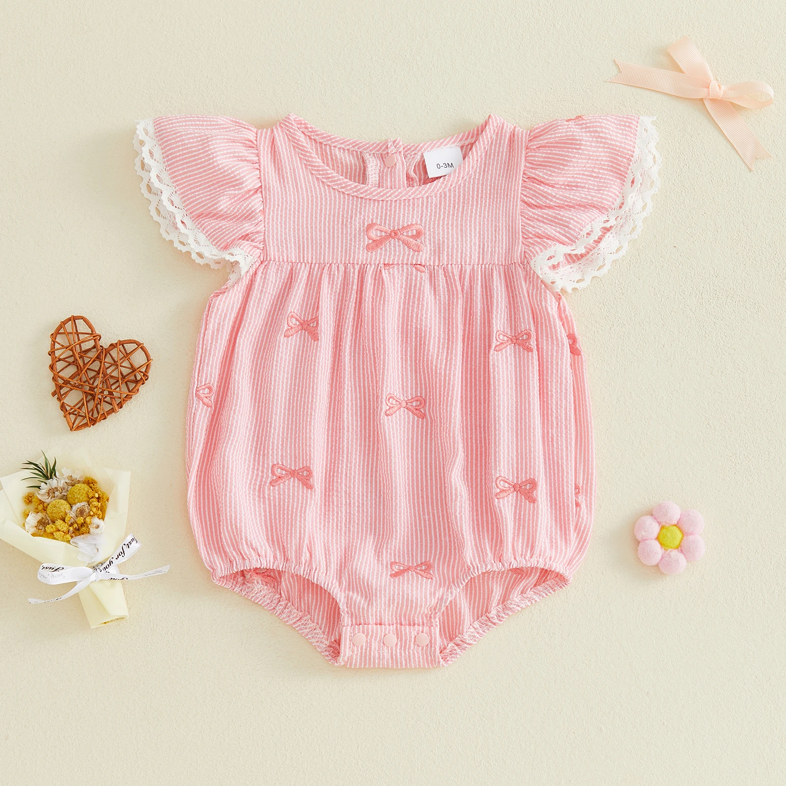 Baby Girl Summer Striped Romper Cute Bow Embroidery Flutter Sleeves Jumpsuit for Newborn Toddler Cute Clothes