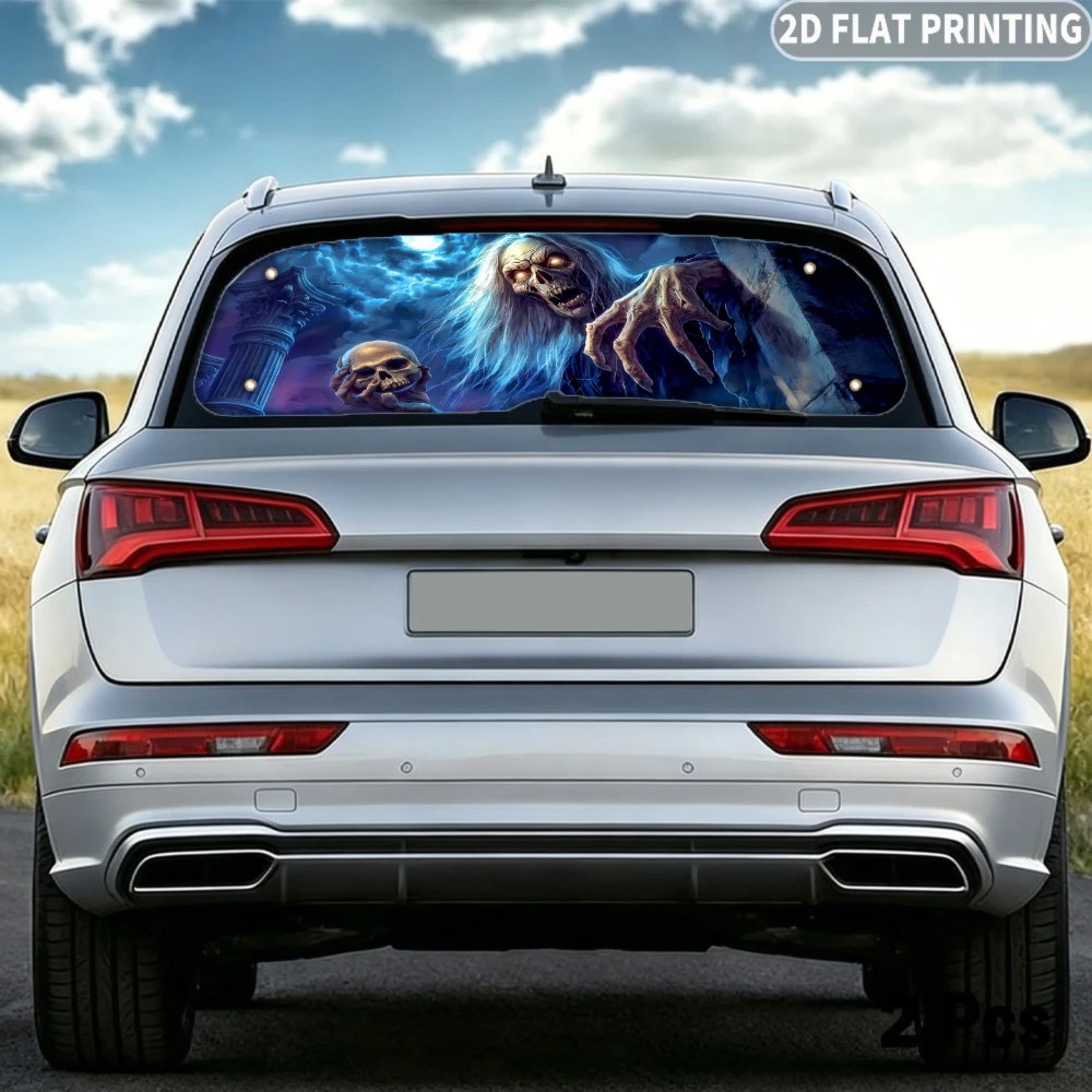 2D FLAT Printing 1pc Car Rear Window Sunshade Scary Zombie Reaching Out From Dark Background, 4 Suction Cups,  Block Sunlight